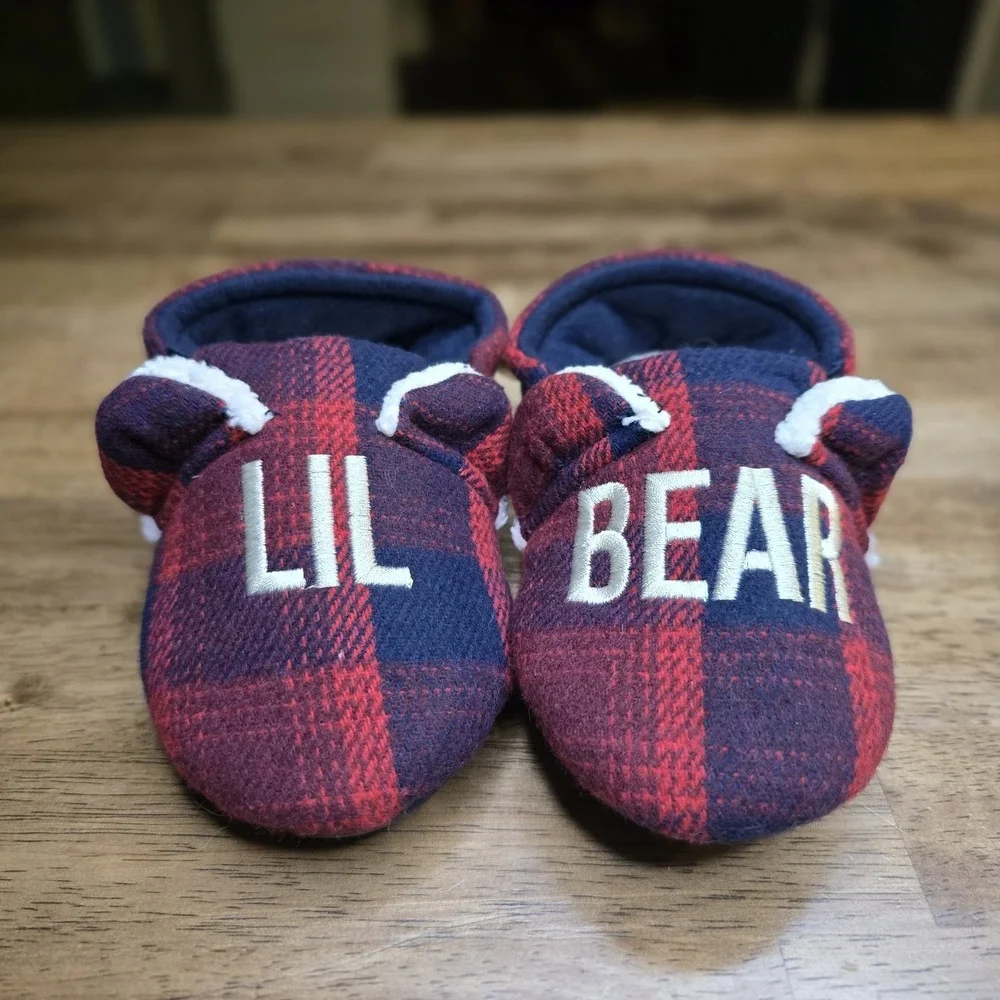Dearfoams Lil Bear Slippers Toddler 7/8 Red Navy Buffalo Plaid Memory Foam NEW